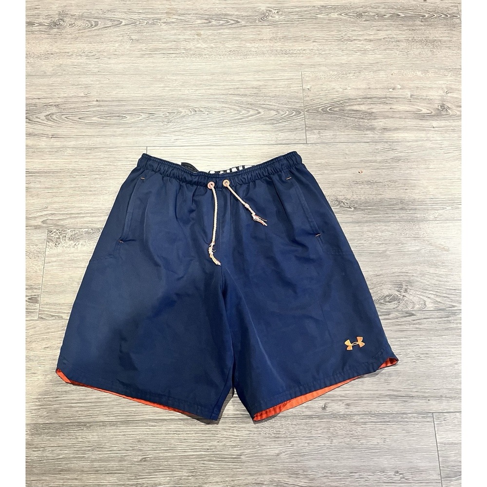 Under Armour Mens Navy Blue Orange Athletic Gym Shorts Large Loose Fit Pockets